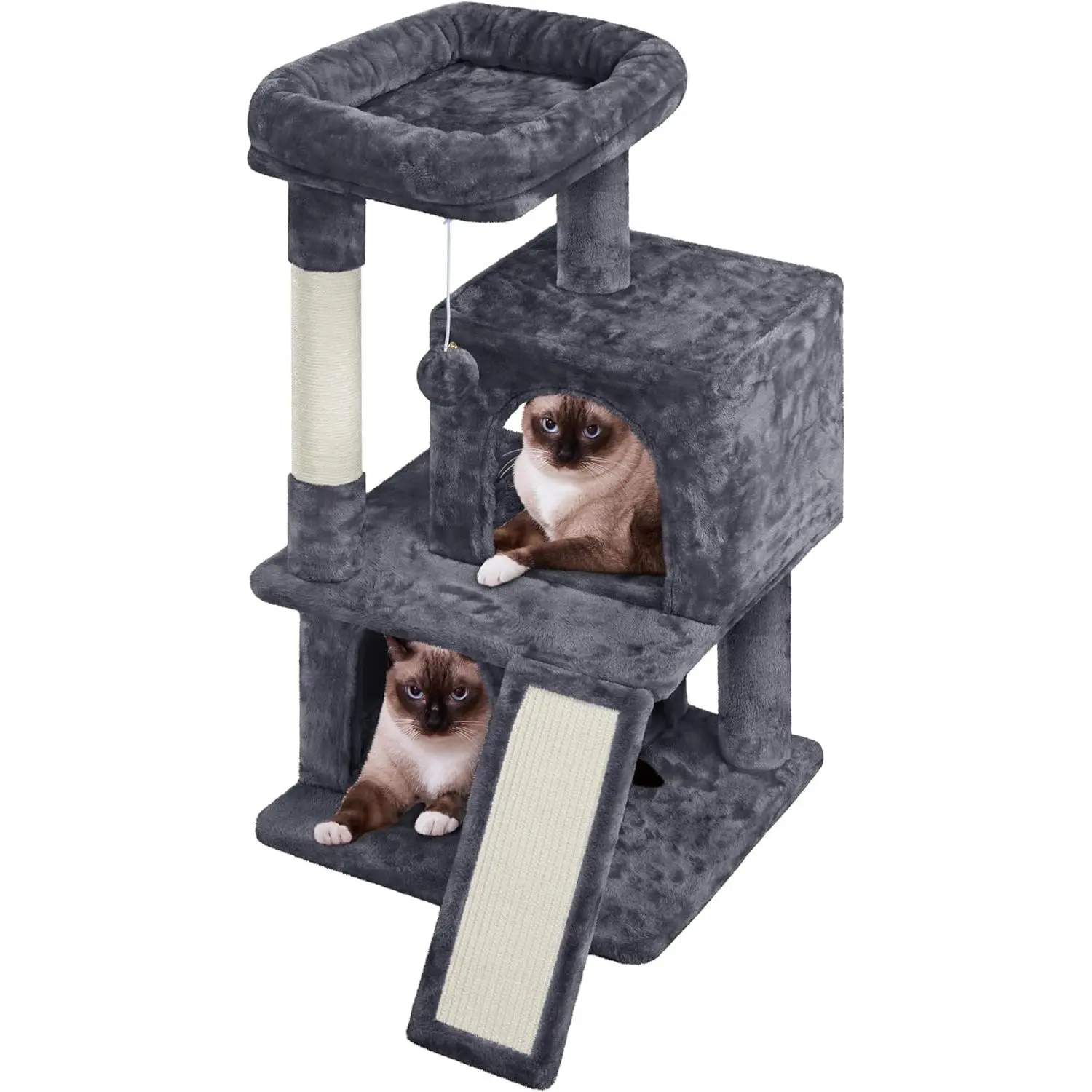 Cat Tree Cat Tower Cat Condo Play House Climber Stand Furniture w/Scratching Post, Plush Perch, Dangling Ball, Two Condo and Ramp, Suit for Kittens, Cats and Pet