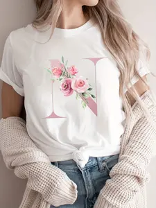Personalized Floral Initial T-Shirt| Women's Letter N Graphic Tee| Romantic Watercolor Rose Top