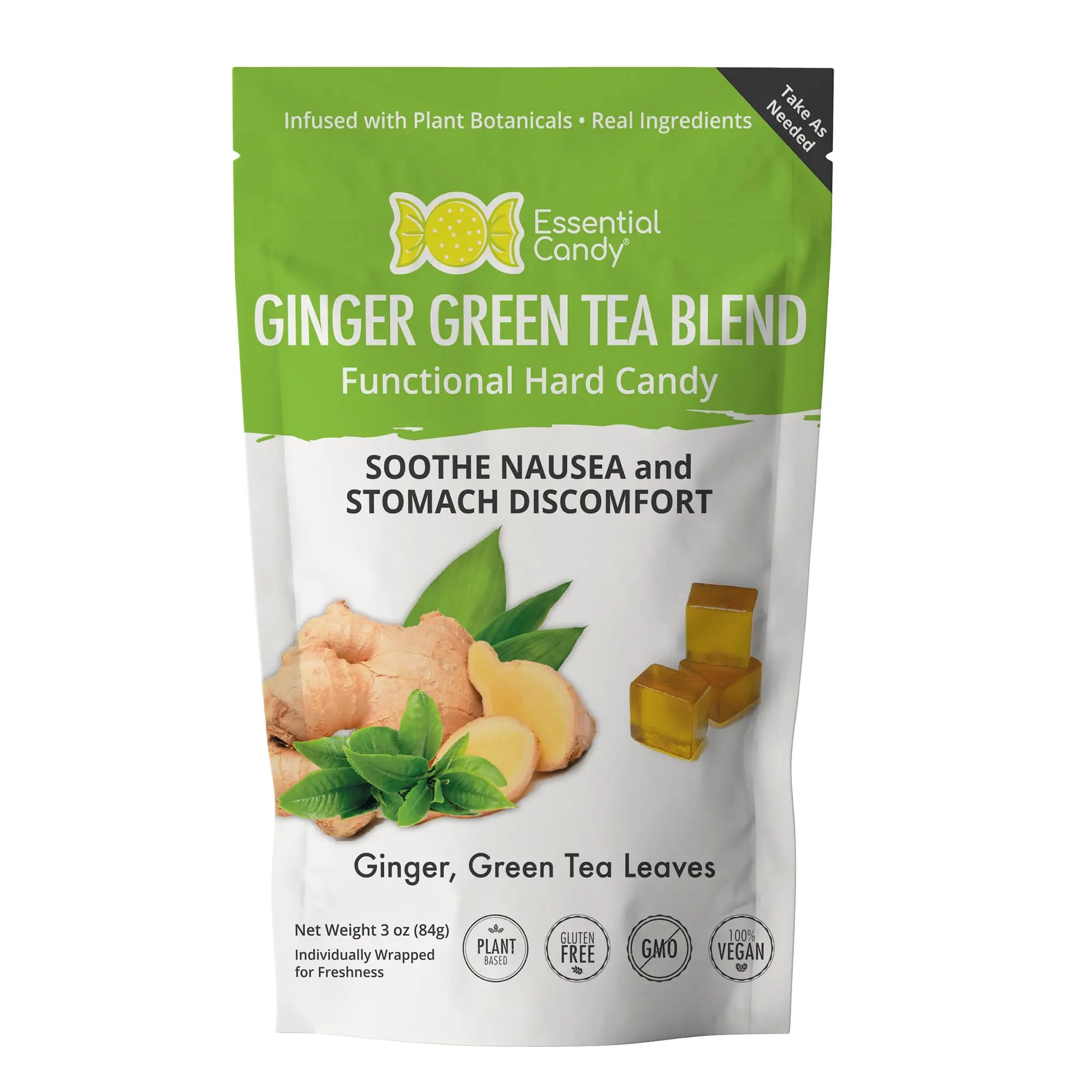 Organic Ginger Green Tea Candy | Nausea Relief & Stomach Comfort | Vegan, Gluten-Free & Non-GMO