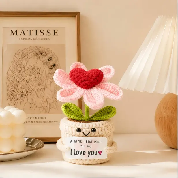Handmade Crochet Flower Planter - Cute Knitted Yarn Pot with Thank You Card, Decorative Ornaments, Cute Flowers Desk Decor, Hanging Accessory, Gift Idea for Home Office Use