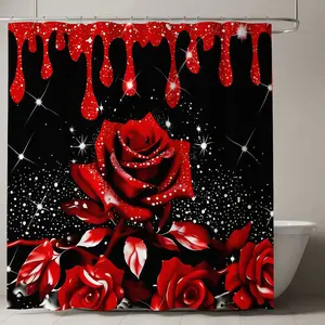 Gothic Rose Floral Shower Curtain, Glossy Finish, Glittering Stars, Dripping Liquid Design, Chic Bathroom Decor, Valentine's Day Gift, Home Goods