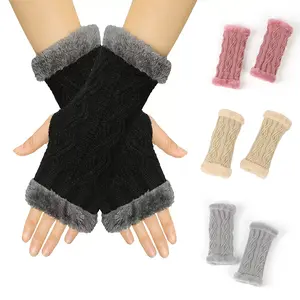 2 Winter Fingerless Gloves for Women Half Finger Typing Gloves with Long Wrist Cuff Knit Fingerless Mittens for Women in Black Pink Beige Grey