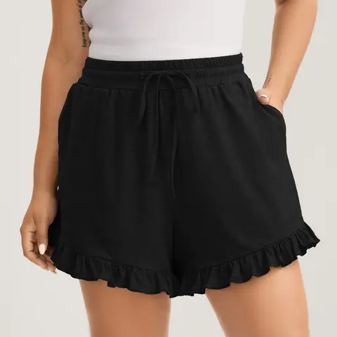 BLOOMCHIC SohoChic Women's Plus Size Basic Lounge Shorts [M-6X] - Soft Knit Fabric (Spandex-Polyester Blend), Ruffle Hem, Drawstring Elastic Waist, Pockets, Relaxed Fit for Summer