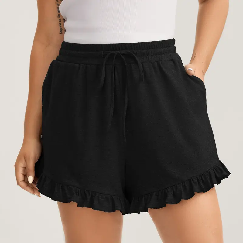 BLOOMCHIC SohoChic Women's Plus Size Basic Lounge Shorts [M-6X] - Soft Knit Fabric (Spandex-Polyester Blend), Ruffle Hem, Drawstring Elastic Waist, Pockets, Relaxed Fit for Summer