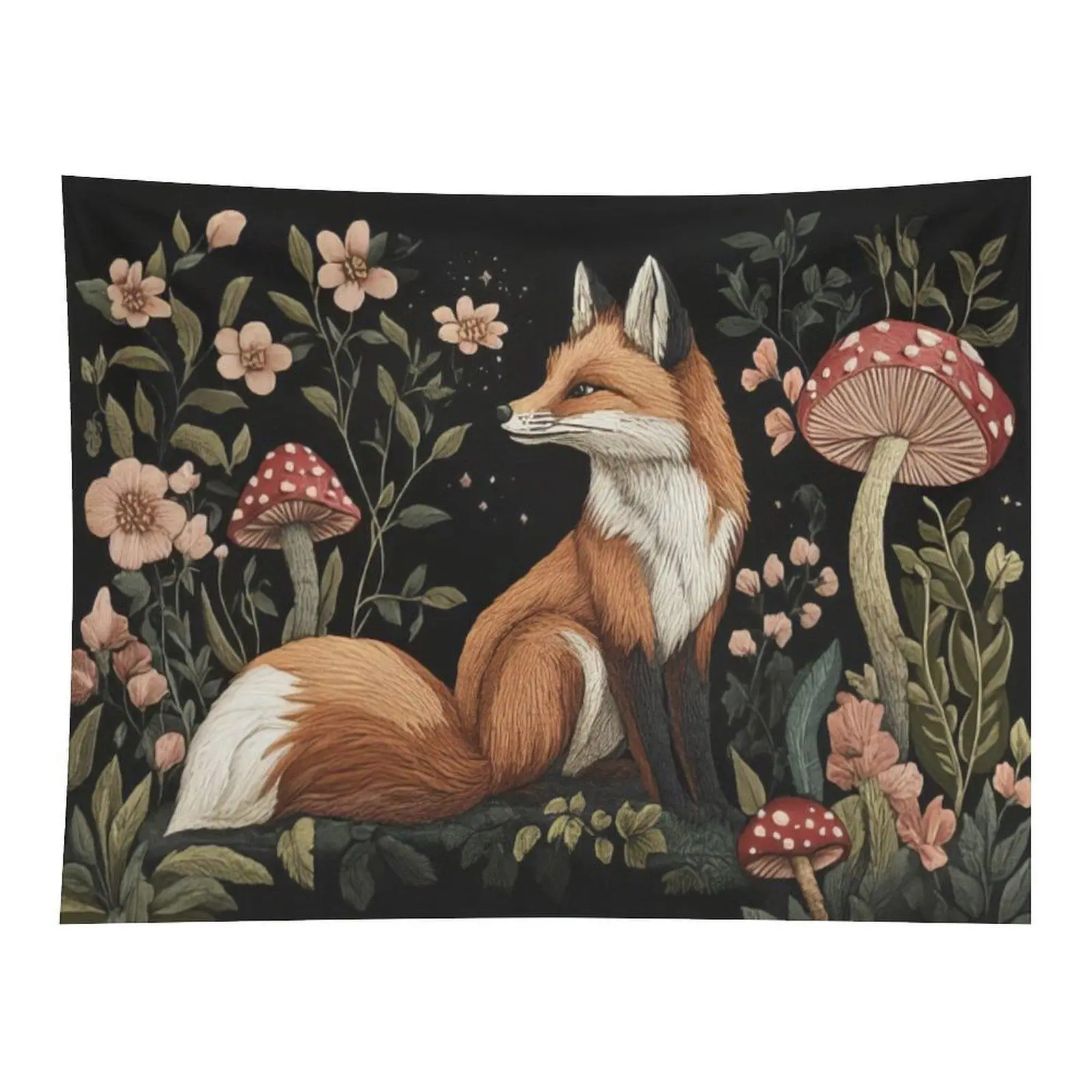 Vintage Woodland Fox Red Spotted Mushroom Pink Floral Starry Black Background Wall Tapestry Wall Hanging, Cottagecore Forest Animal Botanical Art Decor for Bedroom Dorm Altar Meditation Space Party Backdrop