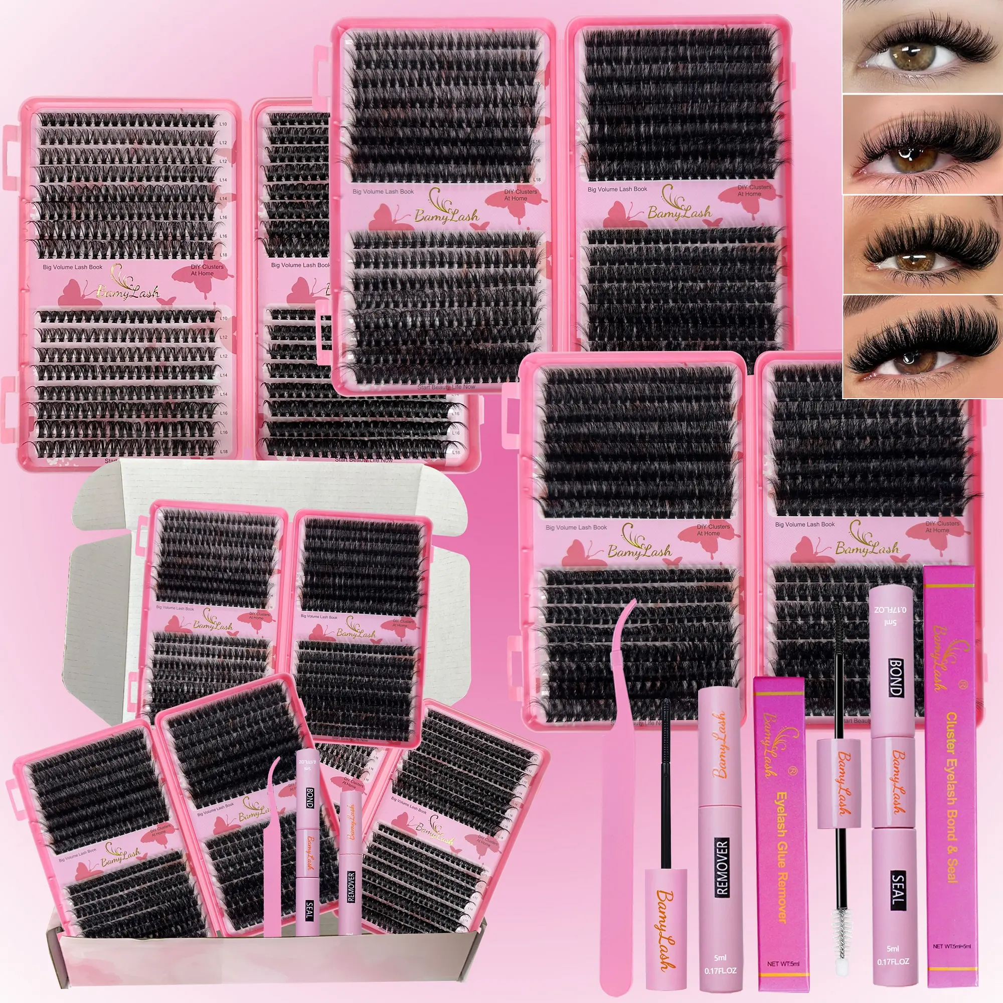1856pcs Cluster Lashes Kit with 4 Big Boxes, Bond&Seal Tool Kit, 40D-100D Natural & Volume Eyelashes Extensions, Cosmetic Makeup Gift Pack