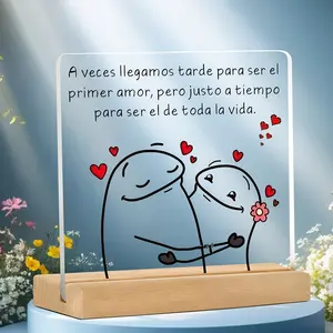 Romantic Spanish Love Couple Gift Set, Acrylic Desktop Decor with Wooden Base & Cartoon Figures, Perfect Anniversary & Valentine's Day Present