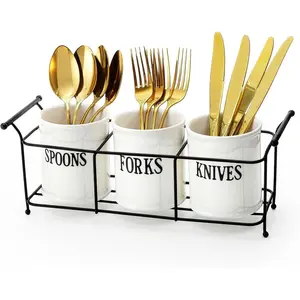 3-Piece White Ceramic Silverware Caddy with Black Metal Rack, Utensil Holder Flatware Caddy Cutlery Storage Organizer for Kitchen Table, Cabinet or Pantry