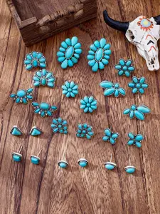 Vintage Bohemian Turquoise Earrings Set, Fashion Jewelry Accessories, Geometric Triangle Round Square Flower Shapes, Women's Gift, 12 Pairs