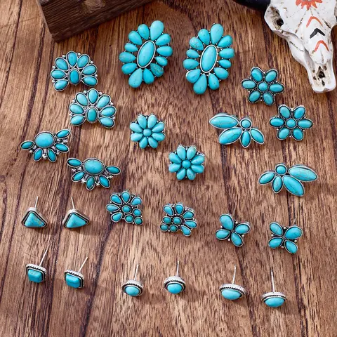 Vintage Bohemian Turquoise Earrings Set, Boho Earrings, Versatile Earrings, Ear Studs, Stud Earring Sets, Fashion Jewelry Accessories, Trendy Fashionable Accessories, Geometric Triangle Round Square Flower Shapes, Women's Gift, 12 Pairs