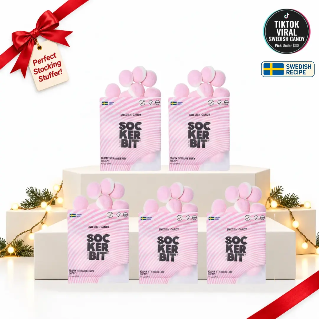Sockerbit Swedish Candy Strawberry Foamy Dream, 5 Bags, Soft Strawberry Chewy Marshmallow Gummy Candy, Sweet Sugar-Coated Puffy & Pink Foam Gummies, Gluten Free & Non GMO, 2.82oz Each Bag