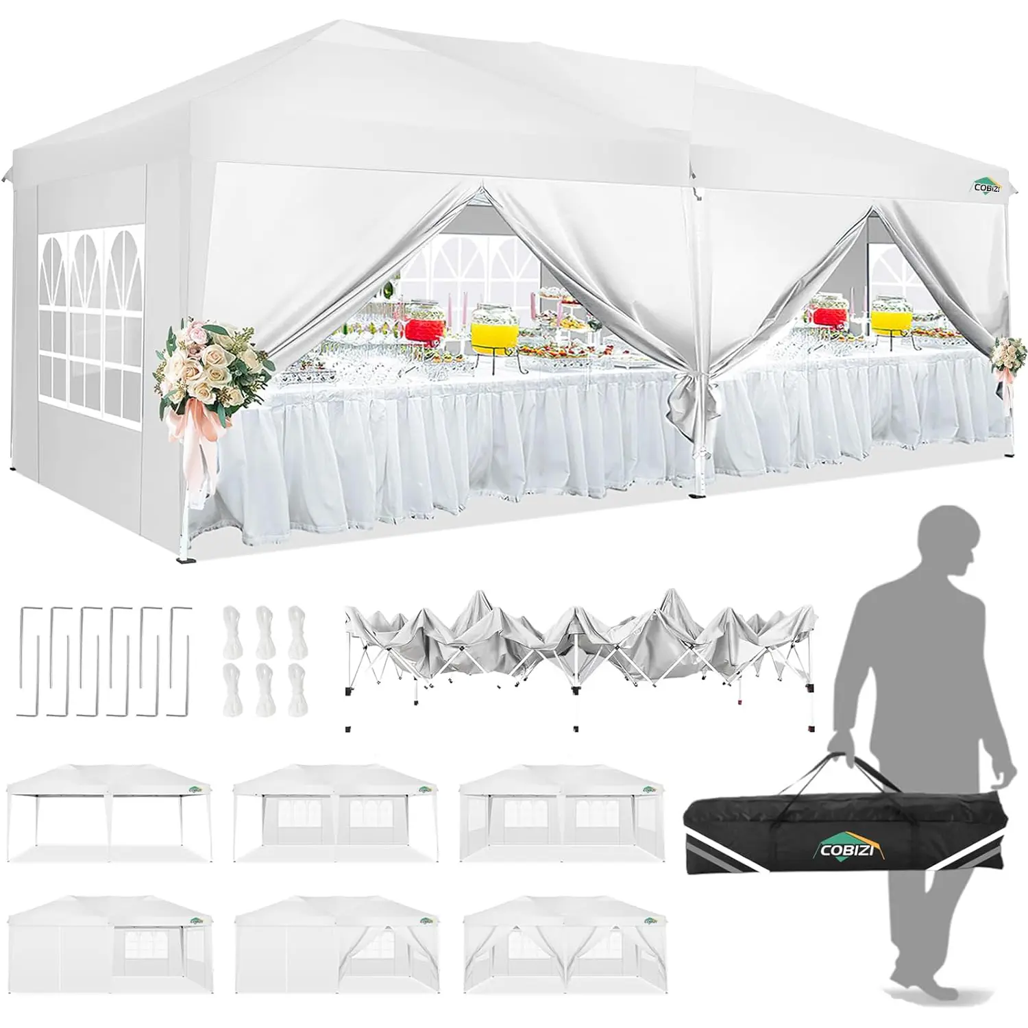 COBIZI 10x20 Pop Up Canopy Tent - Outdoor Shade, Sunshade Solution, Beach Cabana with Removable Sidewalls & Carry Bag for Parties, Camping, Outdoor Shade Canopy, Sunshade Canopy