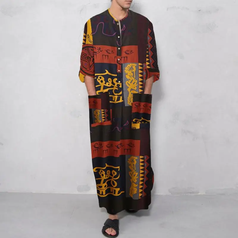 Men's Ethnic Print 100% Cotton Robe, Casual Loose-Fit Loungewear and Sleepwear, Breathable Fabric, Plus Size Menswear, Clothes