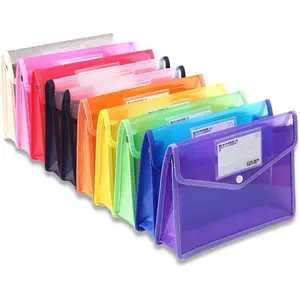 Plastic File Folder A4 Size Expandable Poly Envelopes  Transparent File Pouch with Snap Closure & Label Pocket Assorted Colors for School Organization