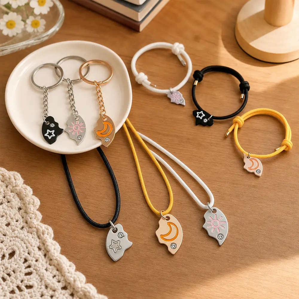 3 People Matching Friendship Accessory Kit, Broken Heart Sun Moon Star Charms Braided Bracelet Long Necklace Keyring Pack, Sweet Friendship Keepsake Gift for Girls Besties