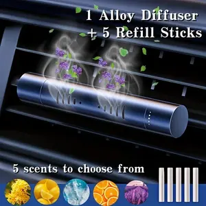 6PCS Car Air Freshener Set – 1 Alloy Vent Clip Diffuser + 5 Solid Scent Refills | Odor Eliminator Long Lasting Fresh Car Fragrance