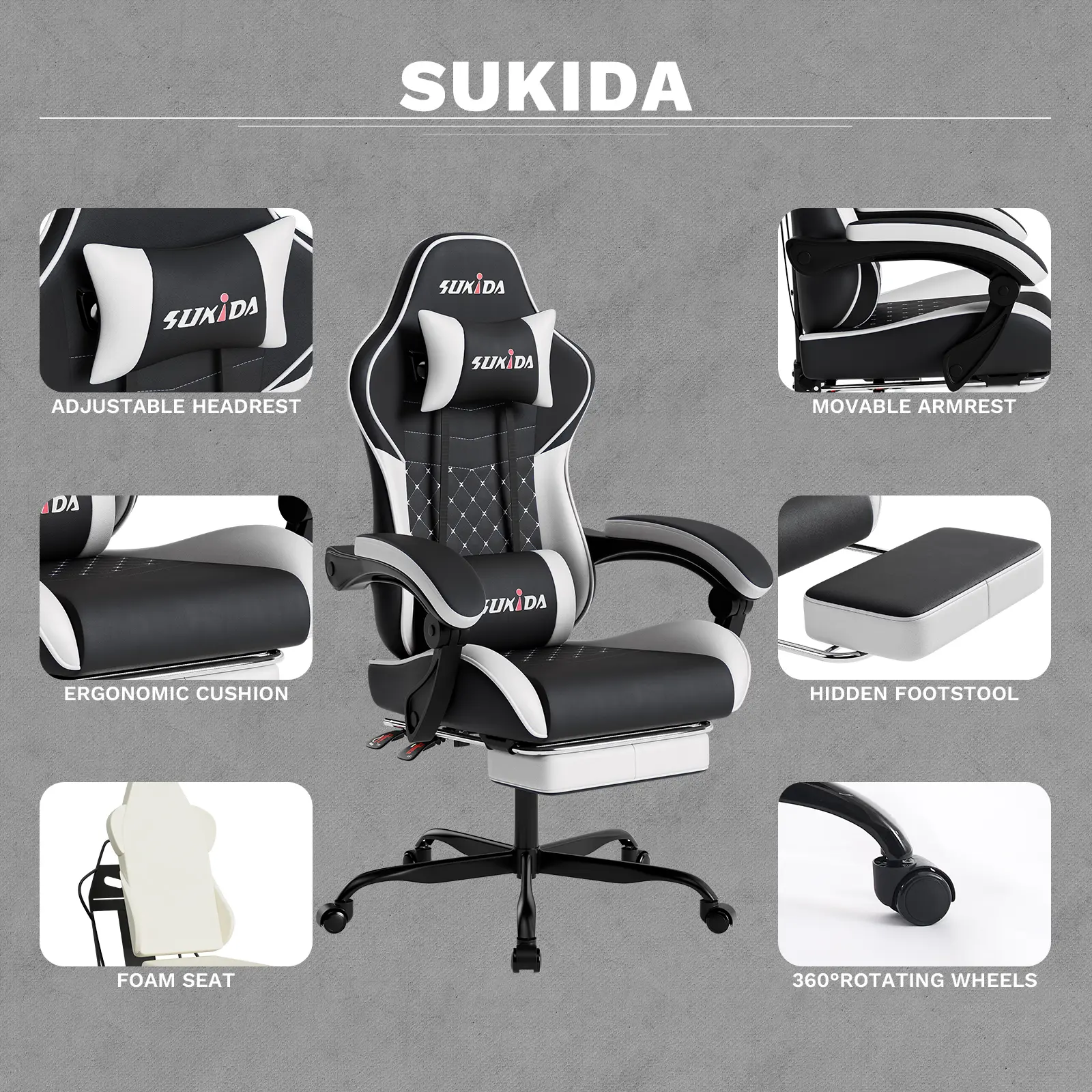 SUIKDA Gaming Chair, 360° Swivel Gaming Chair, Office Chair Features premium upholstery and ergonomic design Adjustable lumbar support height Office chair