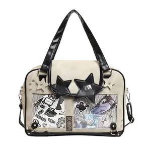 Cute Star-Detail Ita Tote – Transparent Display Pockets to Customize with Your Favorite Merch, Detachable Strap for Versatile Use at Comic Cons, School Hangouts & Shopping Trips