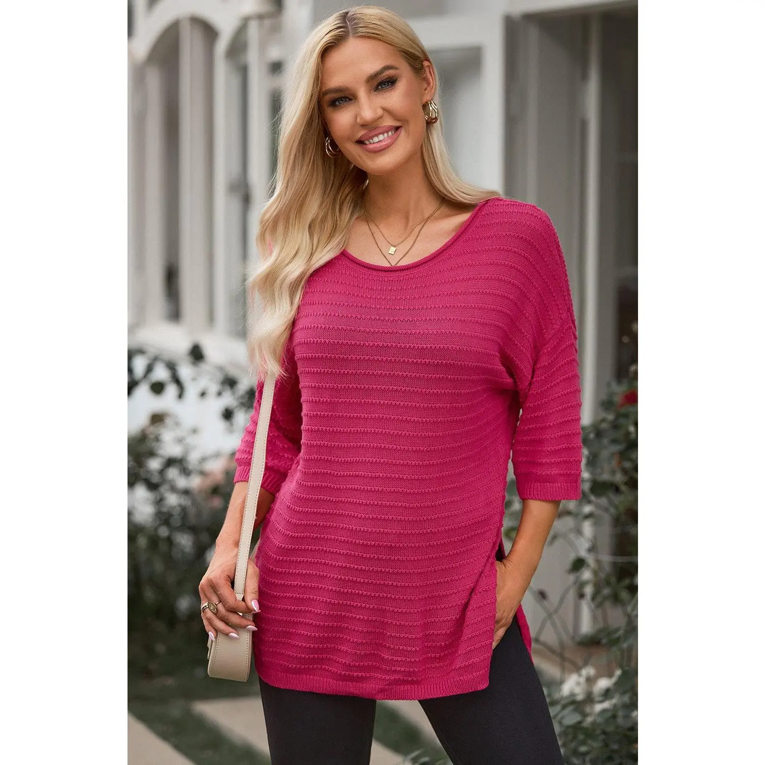 Round Neck Dropped Shoulder Side Slit Pullover Sweater
