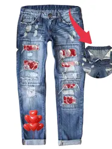 Women's Valentine's Day Ripped Print Jeans, Mid-Waist Boyfriend Style Washed Look, Loose Fit Denim Jeans, Elastic Waistband, All Seasons