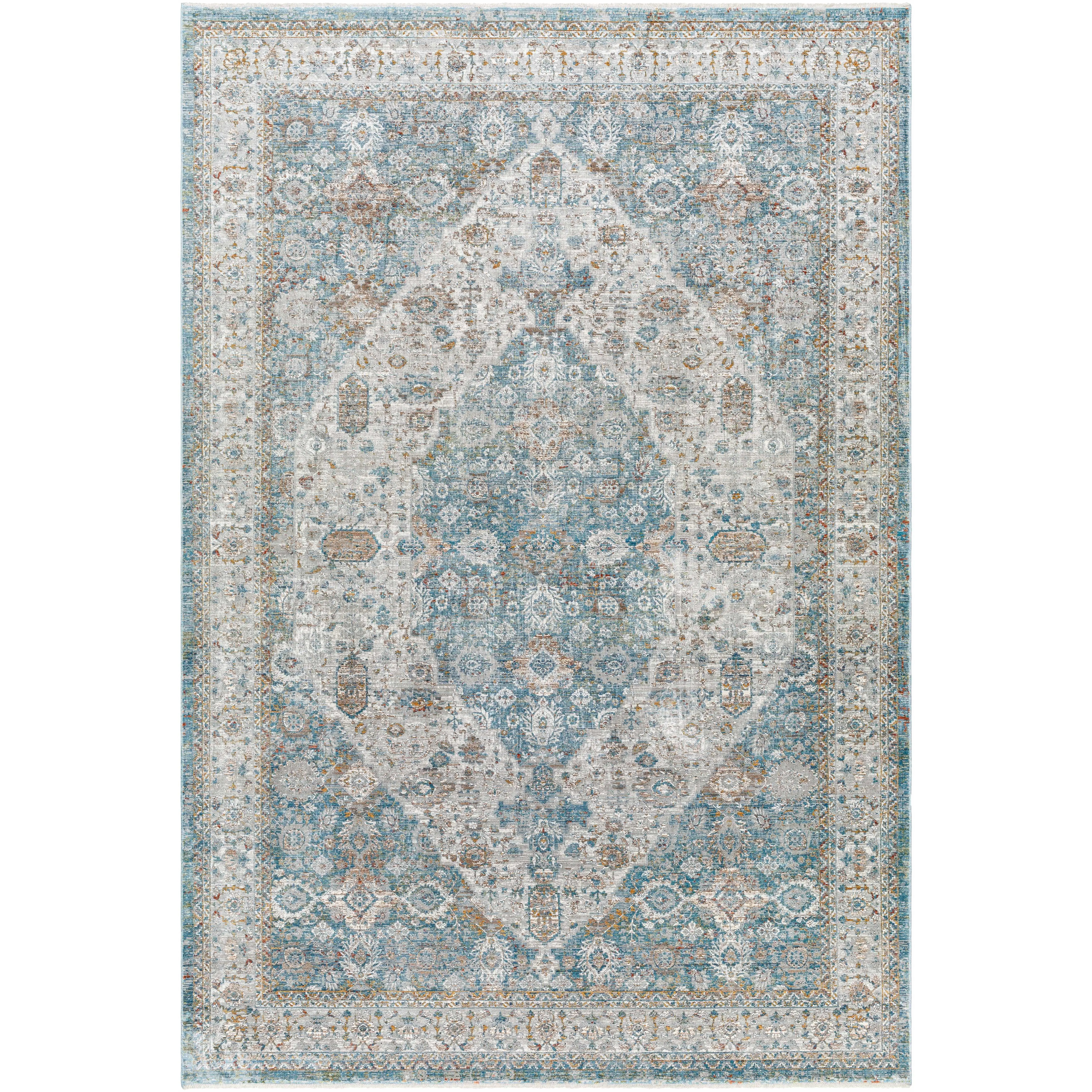 Honon Blue Medallion Area Rug, Traditional, 1" Fringe Length