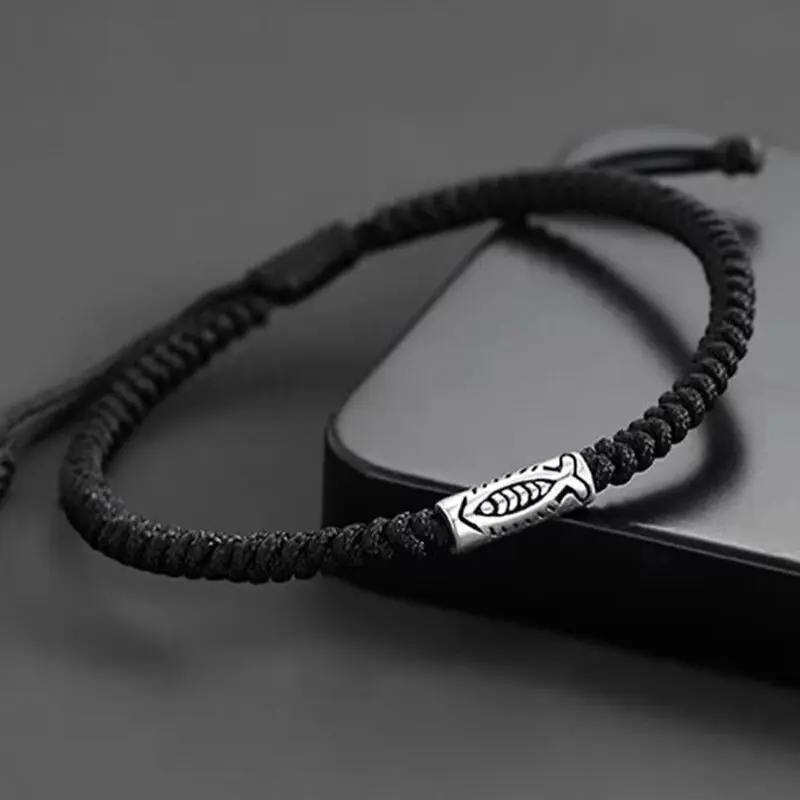 Men's Unisex Minimalist Black Braided Texture Bracelet - Alloy Fish Charm, Handwoven Rope Jewelry, Cool Gift for Guys