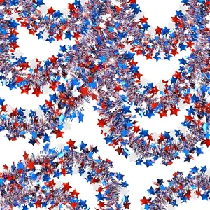 3 Pack Total 50 Ft Patriotic Tinsel Garland 250th Anniversary 4th of July Decorations Red White Blue Metallic Glitter Stars Garland Memorial Day,National Independence Day Decor,16.6Ft by 4.7 Inch Each