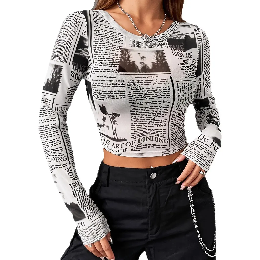 Personalized Newspaper Pattern Long-Sleeved Crop Top Mesh Blouse Black and White Retro Style Street Trend