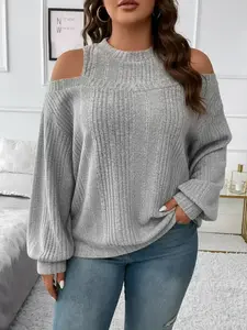 Women's Plus Size Casual Solid Color Off-Shoulder Long Sleeve Loose Knitwear Pullover Sweater Top, Comfortable and Stylish, Perfect for Daily Wear