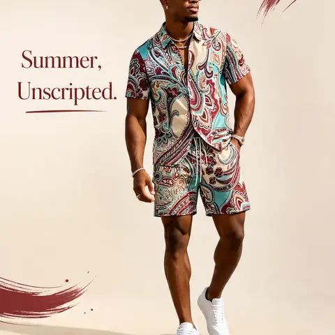 Men's Boho Paisley 2-Piece Set - Summer Hawaiian Short Sleeve Button Down Shirt & Casual Shorts, Beach Outfit for Men, Lightweight Vacation Wear