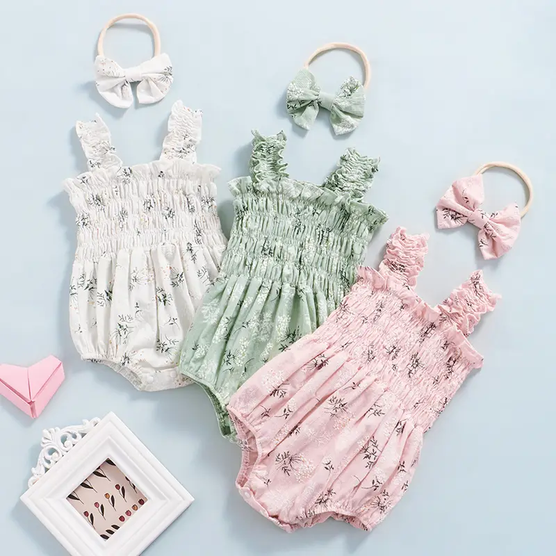 Baby Girl´s Sleeveless Jumpsuit Floral Print Elastic Bust Shoulder Straps Romper Bow Headband Clothing Dress