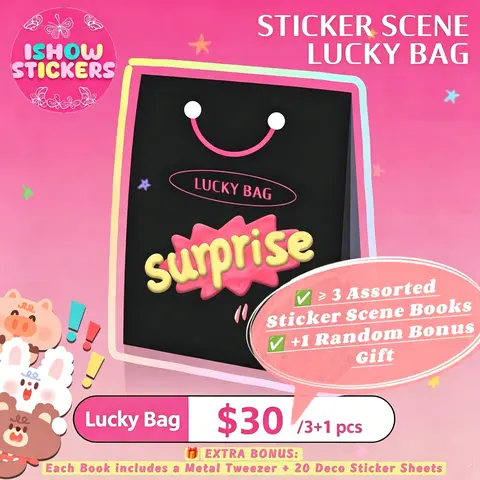 Limited-Time Surprise! Sticker Scene Books Lucky Bag, Min. 3/5pcs Assorted Sticker Scene Books + 1/2pcs Mystery Bouns Gift + Tweezers Tool + Extra Deco Sticker Gifts, Great Value Bundles, Perfect if you can't Choose, Stock Clearance, Sticker Scene Bargain