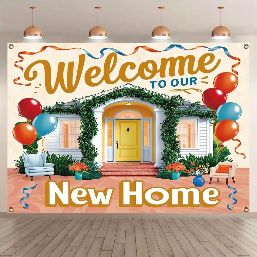 1pc Soft Glam Durable Polyester Housewarming Party Banner - Welcome to Our New Home Sign with Streamers, Stylish Printed House Design, Vibrant Colors, Large Outdoor Decor for Garage Walls, Universal White Ornament