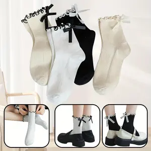 4 Pairs Women's Ruffle Socks Breathable Crew Socks Knit Socks with Bows Soft Princess Socks