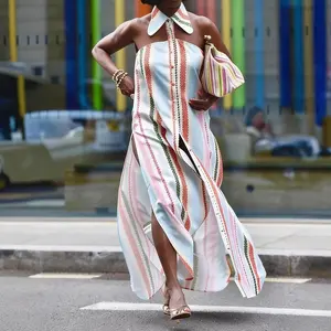 Women's Casual Dresses Striped Print Button Front Dress Beach Boho Long Flowy Dress for Women Chic Maxi Dress