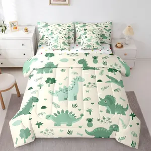Kids Cute Dinosaur Comforter Set with Sheets for Kids Boys Girls Boys Green Dinosaur 7 Pieces Bedding Set Cartoon Cute Animal Bed in a Bag Room Decor Soft Lightweight Microfiber
