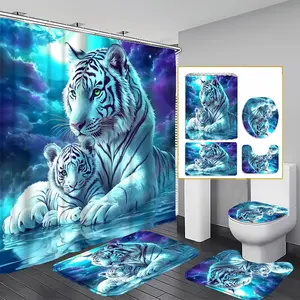 1/34pcs Tiger Shower Curtain Set with 12 Hooks, Non-Slip Bathroom Rug, U-Shaped Toilet Mat, Toilet Lid Pad, Bathroom Decoration