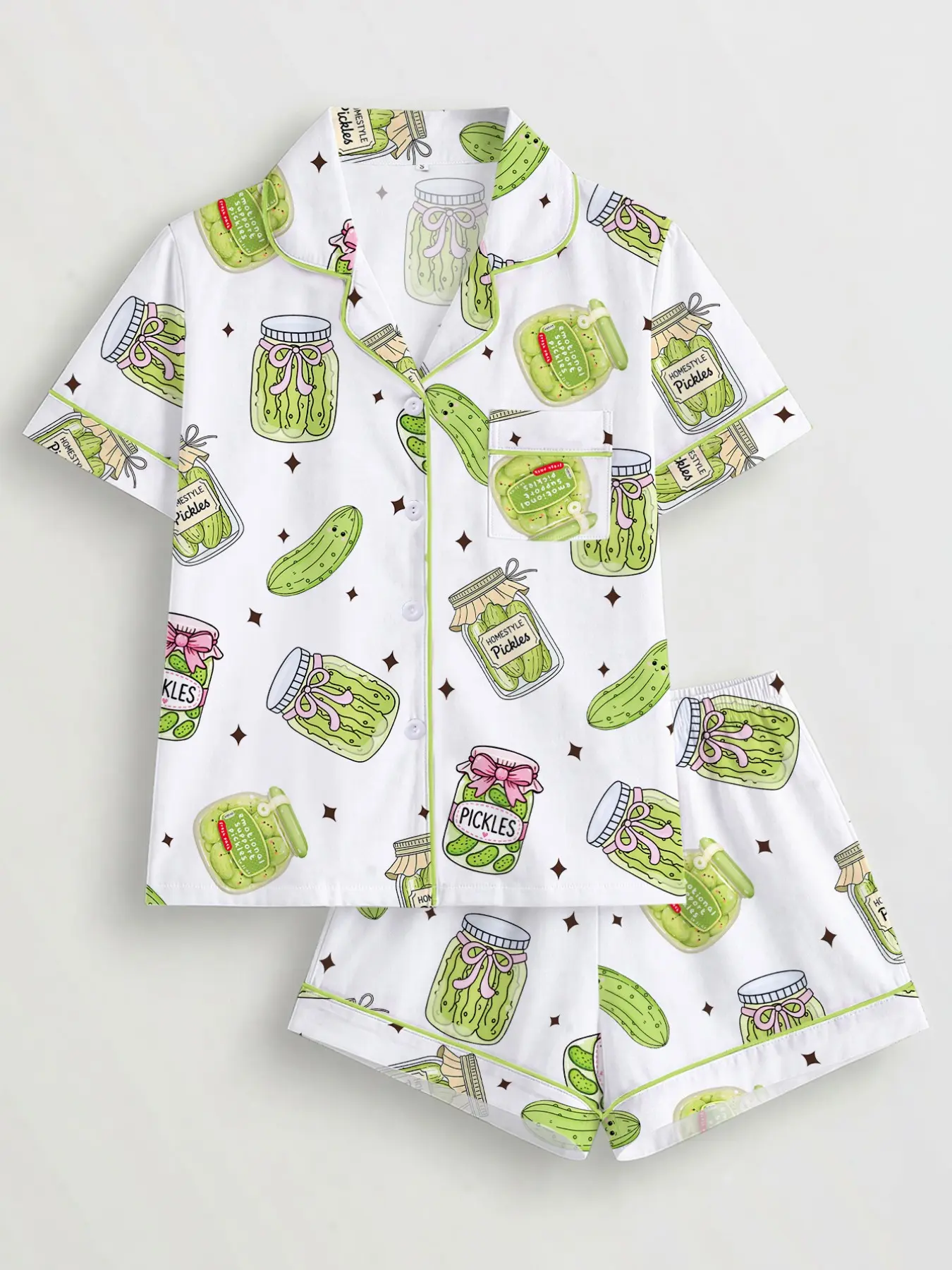 Women's 2-Piece Pajama Set Pjs, Acid Pickle Theme Print, Casual Fitted Sleepwear, Loungewear, Comfortable Short Sleeve Top & Elastic Shorts, All Seasons, Printed Sleepwear Set