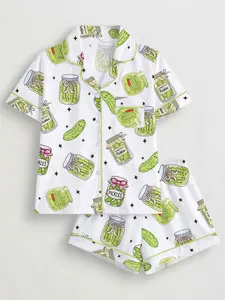 Women's 2-Piece Pajama Set, Acid Pickle Theme Print, Casual Fitted Sleepwear, Comfortable Short Sleeve Top & Elastic Shorts, All Seasons