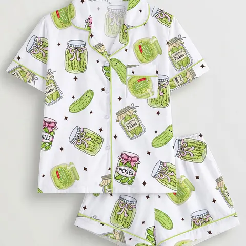Women's 2-Piece Pajama Set Pjs, Acid Pickle Theme Print, Casual Fitted Sleepwear, Loungewear, Comfortable Short Sleeve Top & Elastic Shorts, All Seasons, Printed Sleepwear Set