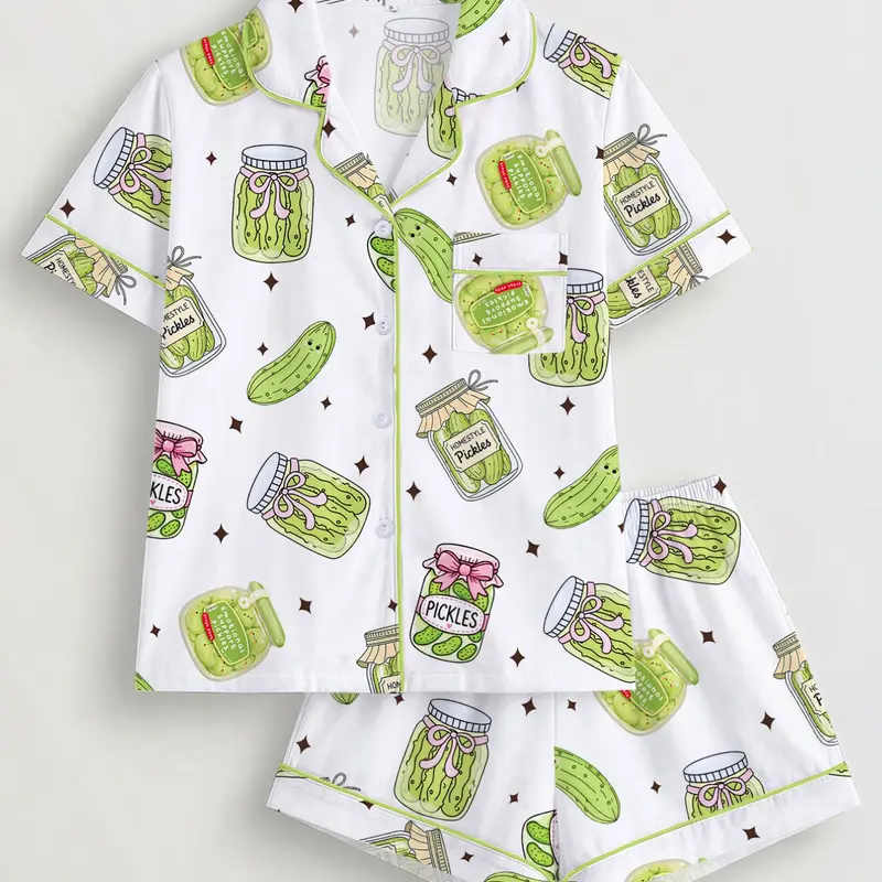 Women's 2-Piece Pajama Set Pjs, Acid Pickle Theme Print, Casual Fitted Sleepwear, Loungewear, Comfortable Short Sleeve Top & Elastic Shorts, All Seasons, Printed Sleepwear Set