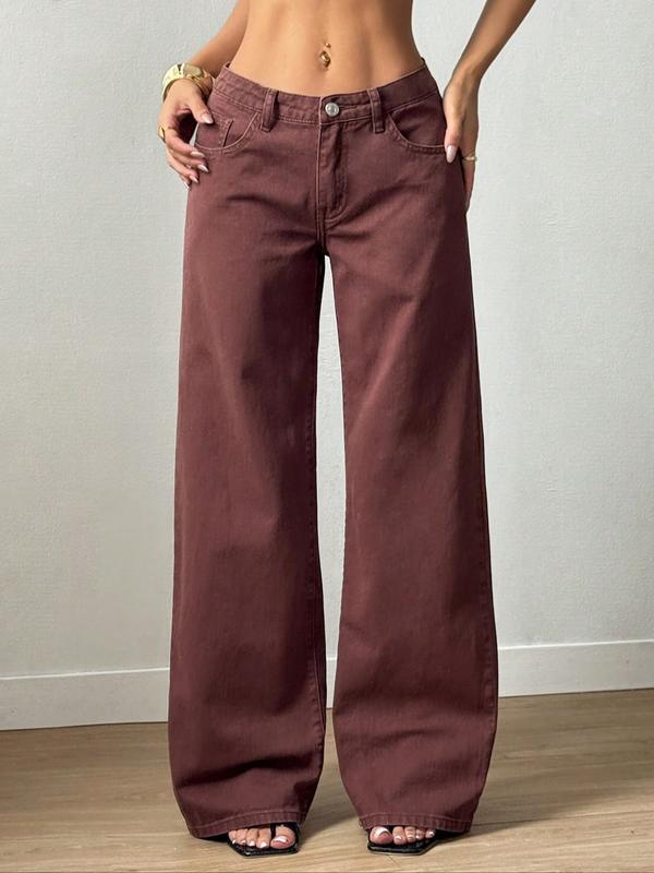 Women's Mid-Waist Wide Leg Straight Jeans, Trendy Coffee Casual Fashion, Zipper Fly, Pockets, All Seasons