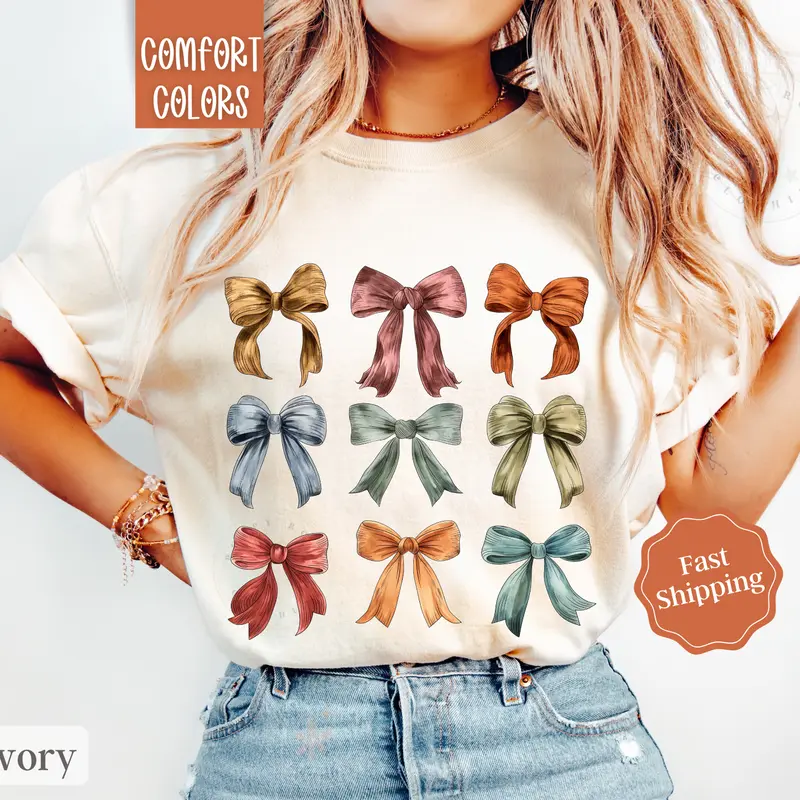 Fall Bow Shirt Comfort Colors, Autumn Women's Tshirt, Fall Oversized Womens Tshirts fall coquette