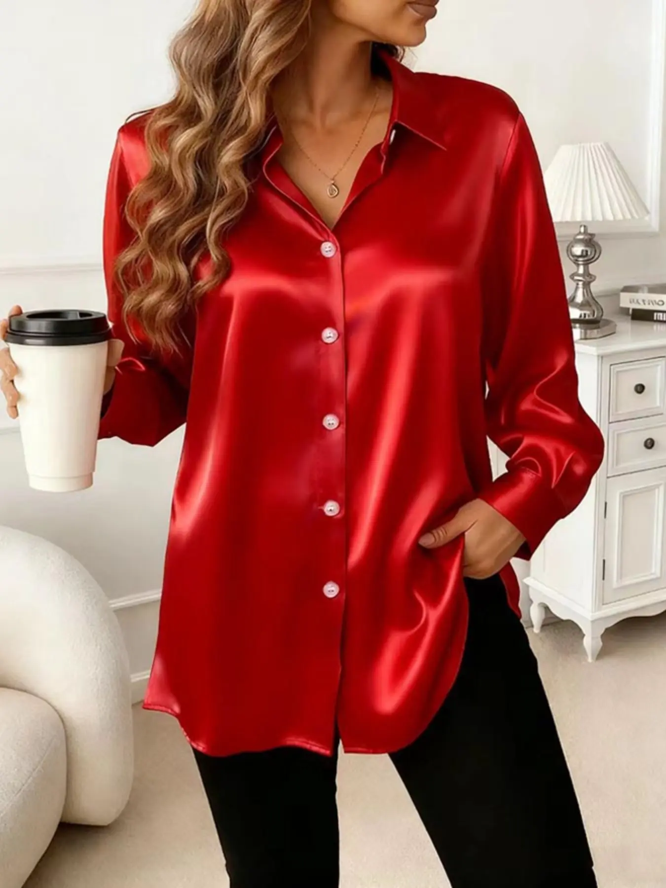 Fashionable women's chic casual elegant classy commuting versatile Slim-Fitted satin Fabric long-sleeved shirt Blouse Top Womenswear Smooth Lady All Season Top All Seasons Blouse
