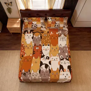 3Pcs Cute Cat Print Fitted Bed Sheet Set (Pillow Core Not Included), Cartoon Cat Pattern Decorative Bed Cover, Single-Sided Print Soft Cozy Deep Pocket Bed Linen, Ideal for Bedroom Dorm Guest Room, Perfect Gift for Cat Lovers