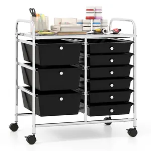 COSTWAY - 9-Drawer Rolling Storage Cart with Colorful Drawers and Metal Frame-Black