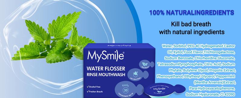 MySmile Concentrated Mouthwash for Water Flosser, Travel Mouth Wash Portable Packets, Care Oral Rinse, Alcohol & Fluoride Free(30 Uses, 0.06 fl oz) Mint Storage