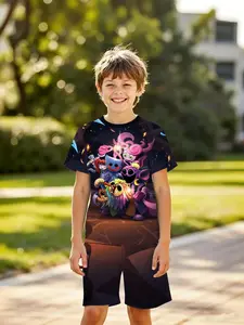 Boys' 3D Bobo Shorts Set, Cool Monster Army Print Summer, Perfect for Parties, Festive Gifts, Birthday Presents