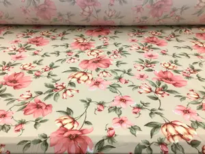 Double Brushed DTY Floral Spandex Stretch Apparel Fabric Light Tan Pink N411