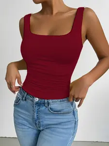 Women's Slim-Fit Sleeveless Square Neck Vest, Casual Summer Top, Plain Color, Moderate Knit Fabric, Perfect for Daily Wear